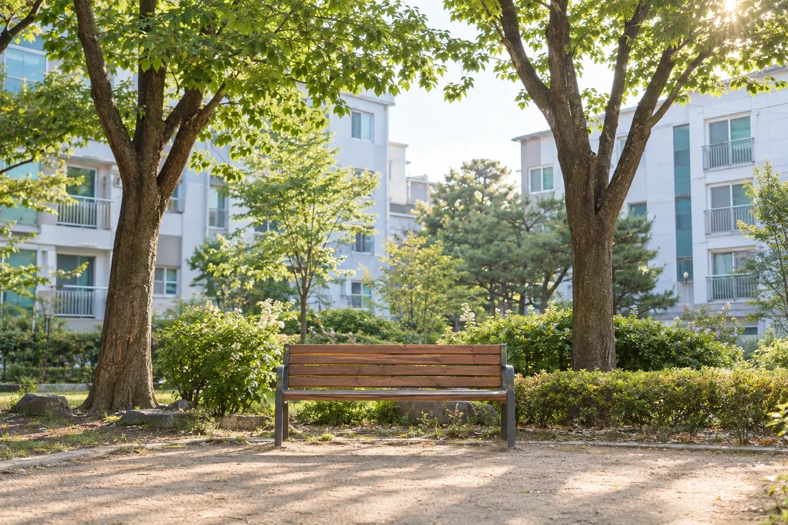 큰 나무가 있는 동네 공원과 나무 벤치, 뒤로 보이는 저층 아파트