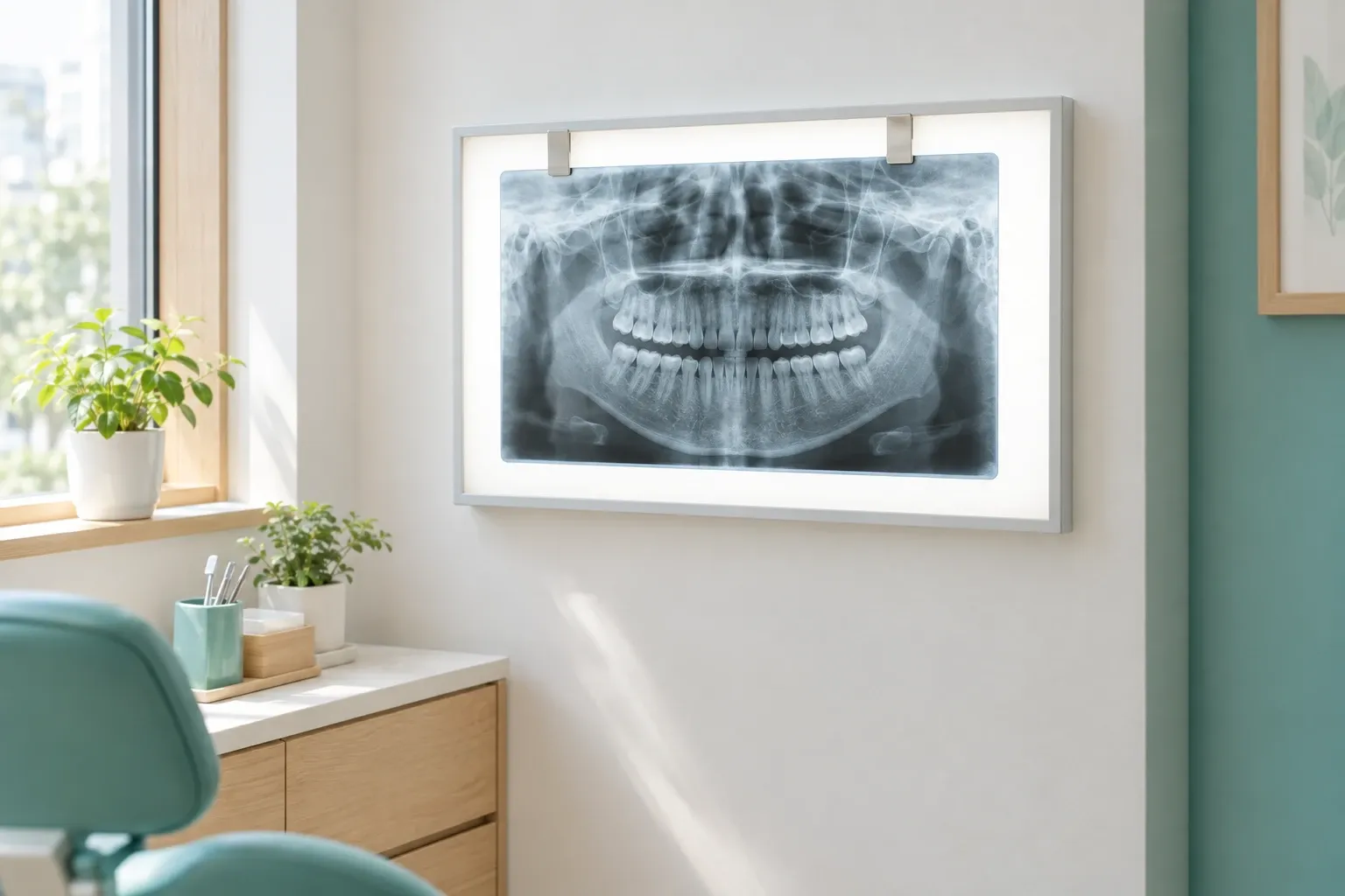 벽걸이 라이트 박스에 걸린 치과 파노라마 X-ray 필름